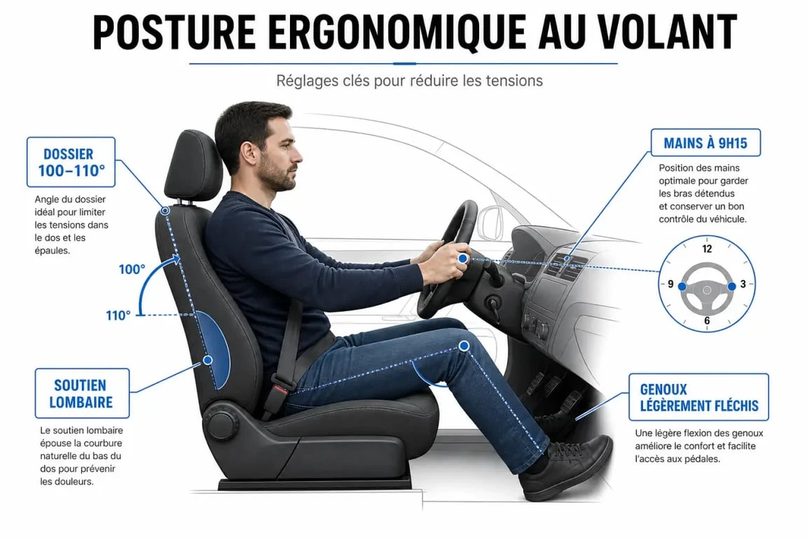 Schéma de la posture idéale pour éviter le mal de dos en voiture
