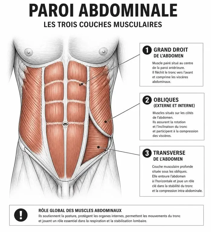 Schéma anatomique des muscles abdominaux antéro-latéraux : grand droit, transverse et obliques.