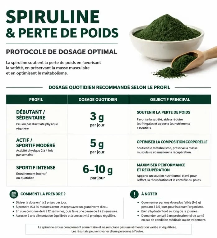Infographie récapitulative du dosage de spiruline par jour pour maigrir selon le profil utilisateur