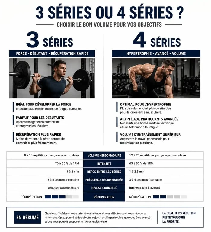 Infographie comparative musculation : 3 ou 4 séries pour optimiser la prise de masse et la force