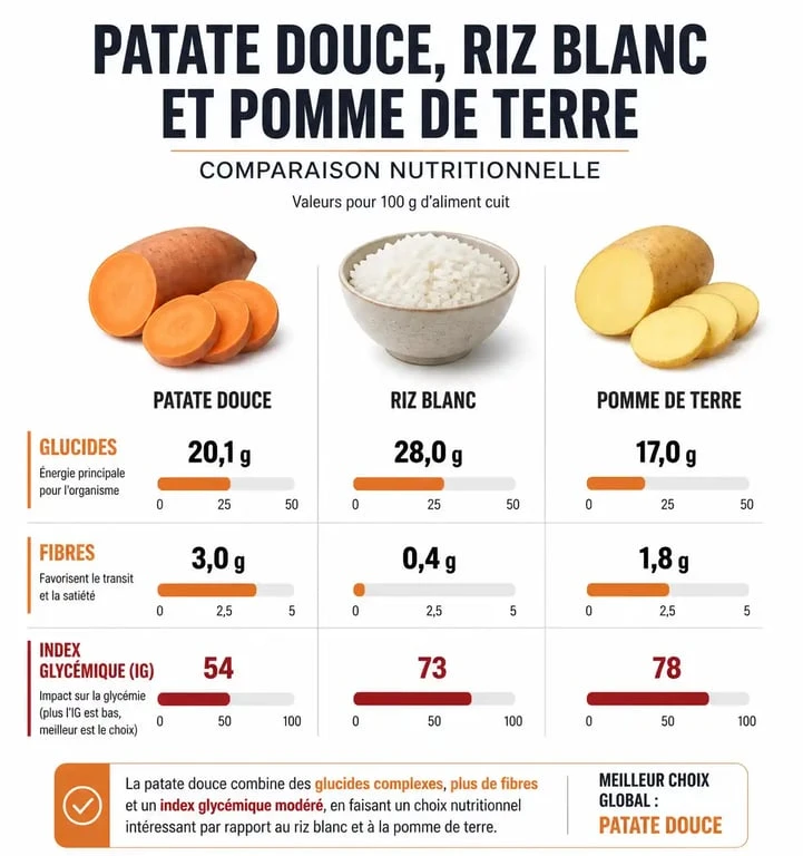 Infographie comparative des apports nutritionnels de la patate douce pour la musculation