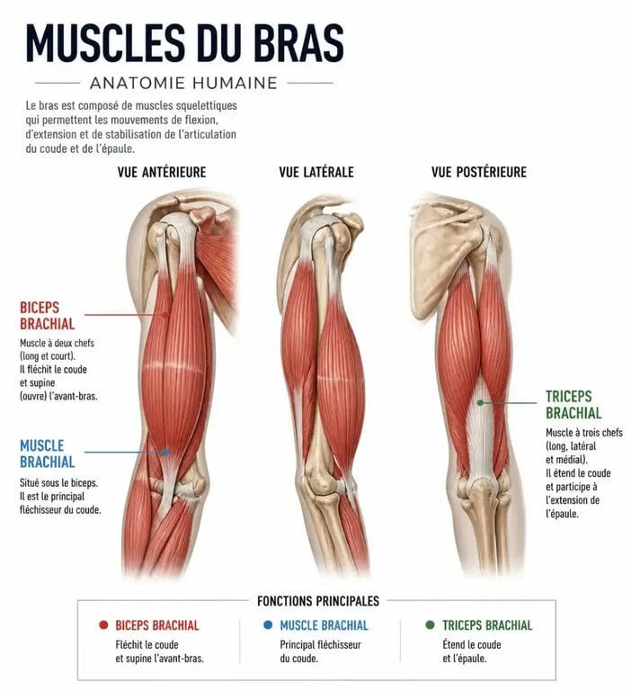 Schéma anatomique des muscles du bras humain : biceps, triceps et brachial