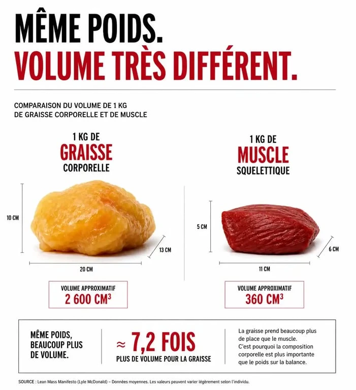 Comparaison visuelle entre le volume de la graisse et du muscle pour comprendre pourquoi on s'affine sans perdre de poids