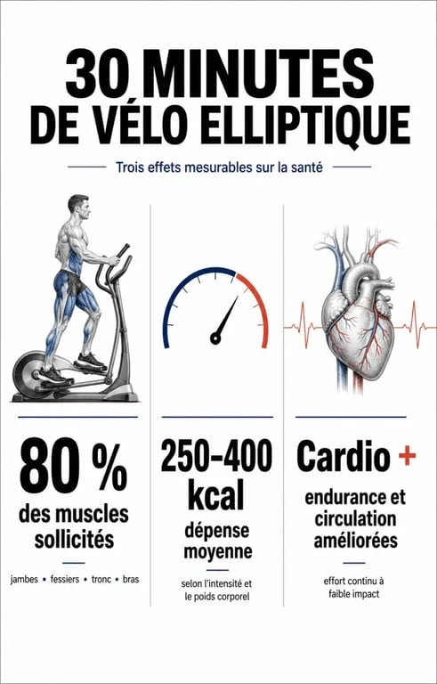 Infographie des bénéfices santé et perte de poids de 30 minutes de vélo elliptique par jour