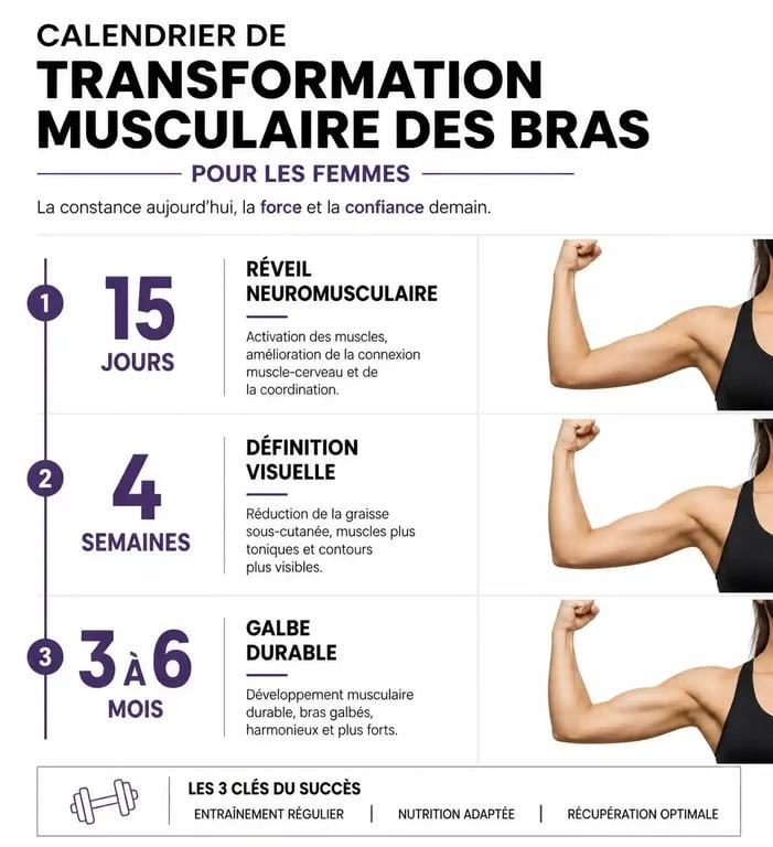 Calendrier de progression pour se muscler les bras femme : résultats attendus sur 6 mois