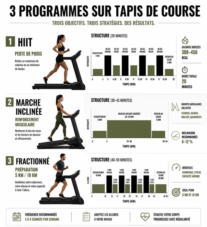 Infographie des programmes pour tapis de course : HIIT, renforcement et préparation 5km