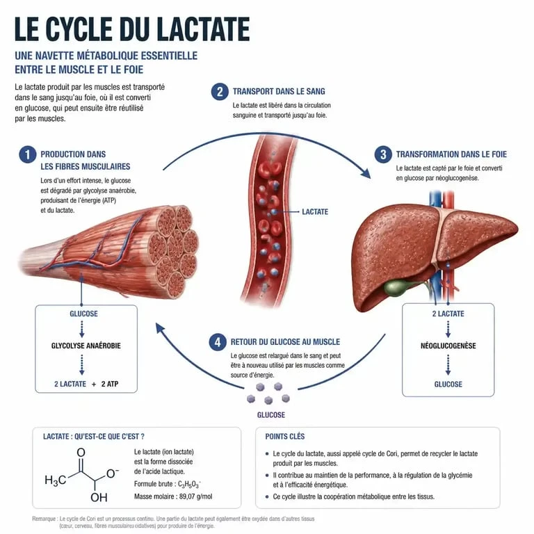 Infographie illustrant le cycle métabolique du lactate et de l'acide lactique dans le sport