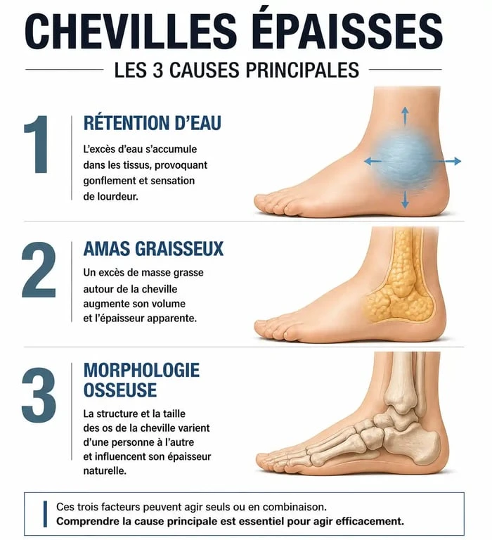 Infographie sur les causes des chevilles épaisses : rétention d'eau, graisse et génétique