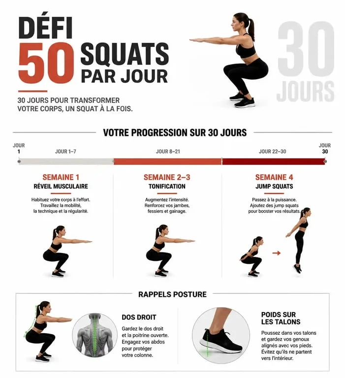 Infographie de progression du défi 50 squats par jour avant après avec conseils techniques
