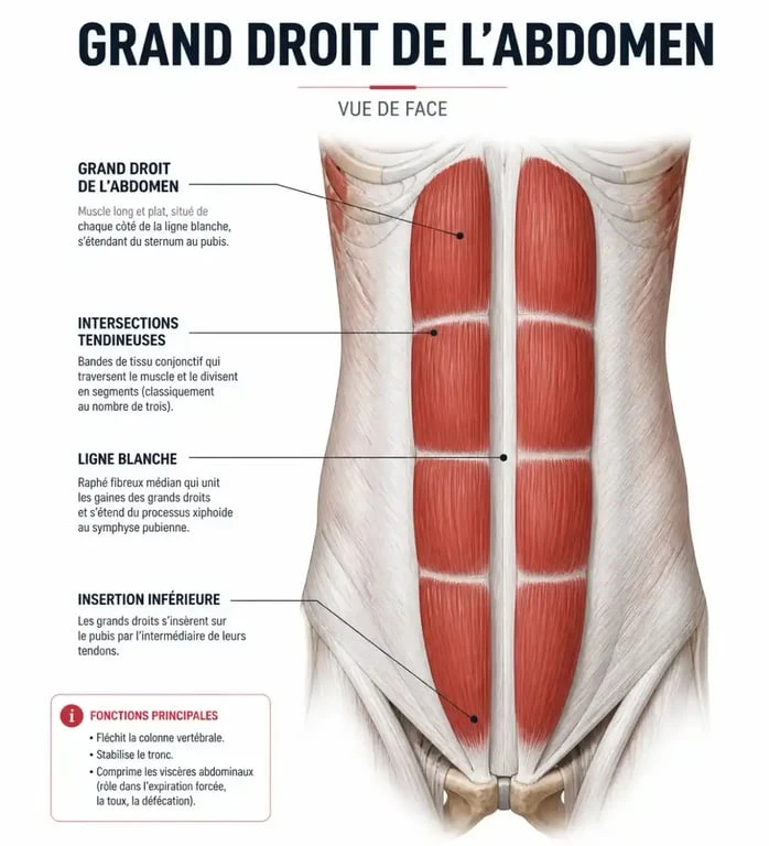 Schéma anatomique du muscle grand droit de l'abdomen montrant les intersections tendineuses
