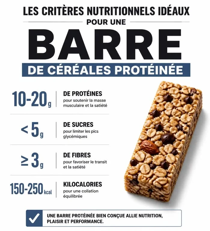 Infographie comparative des critères nutritionnels pour choisir une barre de céréales protéinée de qualité