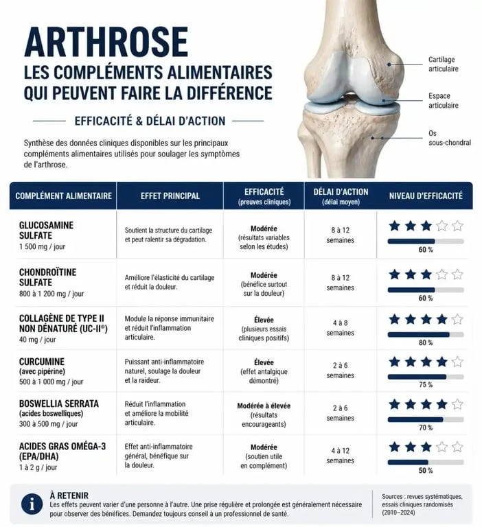Infographie comparative des compléments alimentaires pour soulager l'arthrose et les douleurs articulaires