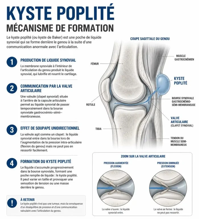 Schéma explicatif du mécanisme de formation et durée d'évolution d'un kyste poplité derrière le genou