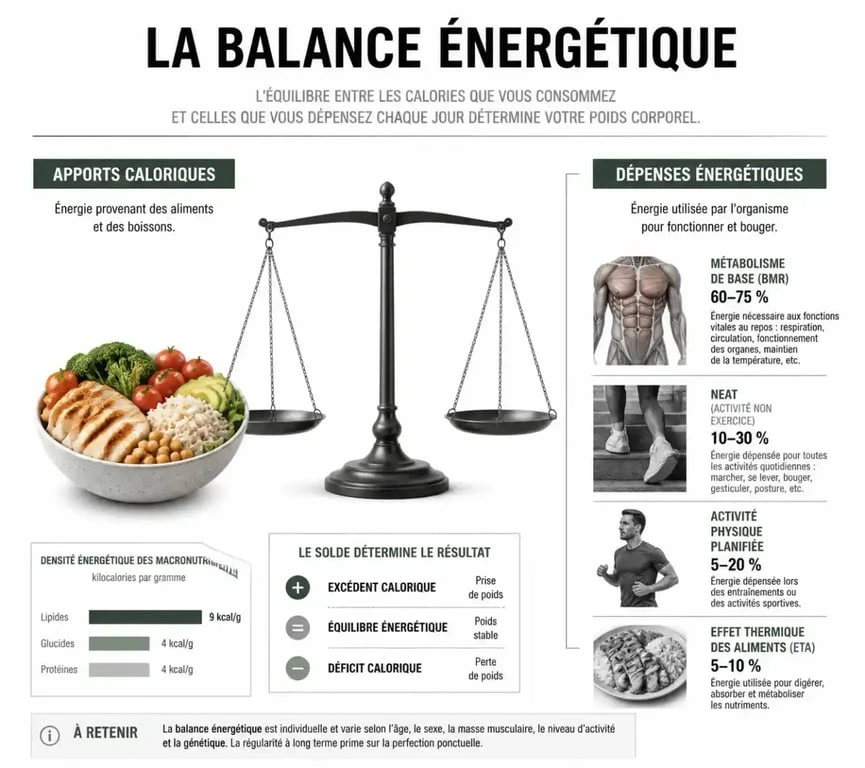 Schéma explicatif du déficit calorique et de la balance énergétique pour perdre du poids sainement