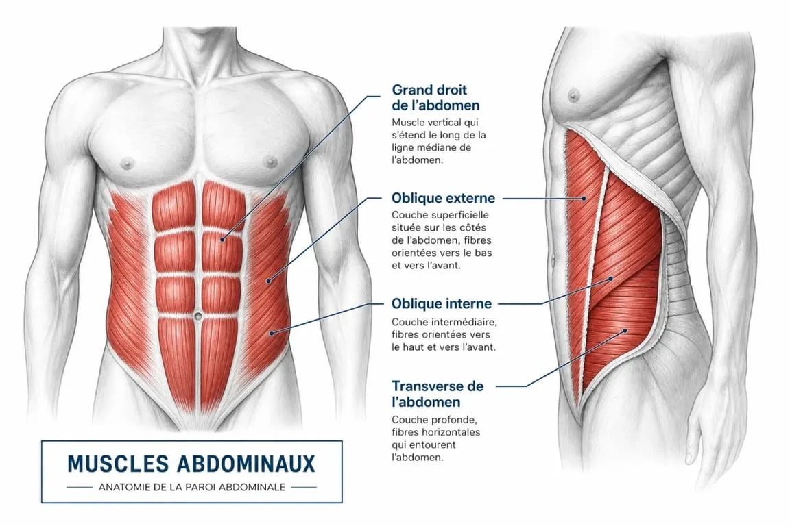 Schéma anatomique des muscles abdominaux pour un programme abdos homme maison