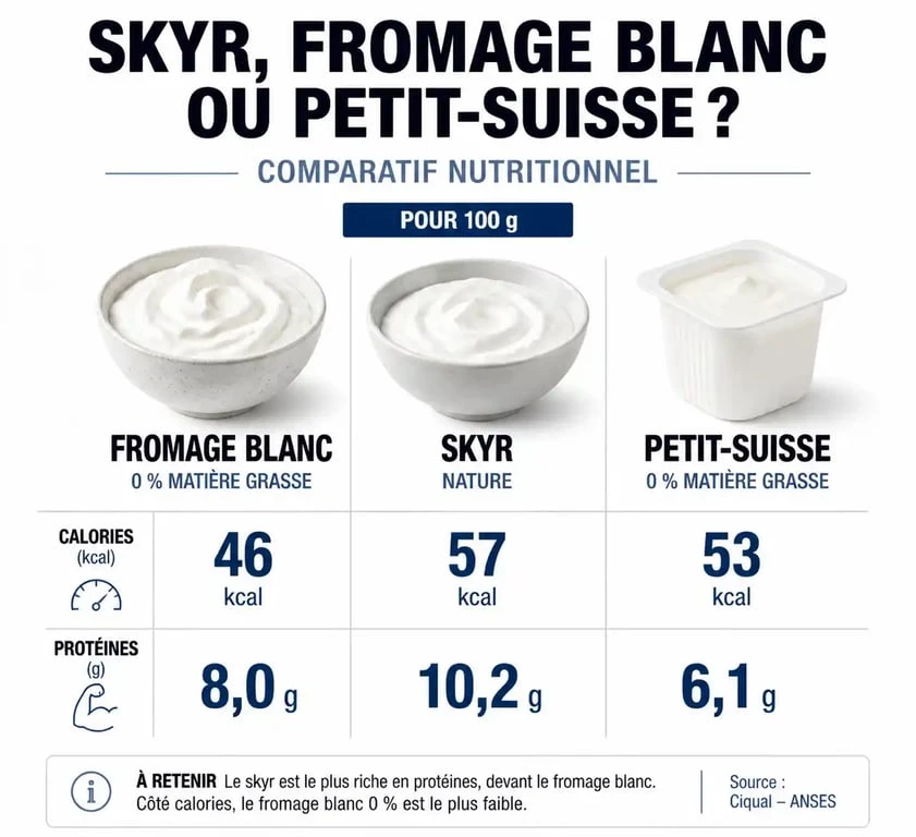 Infographie comparative des apports nutritionnels du fromage blanc protéiné, du skyr et du petit-suisse pour une alimentation équilibrée.