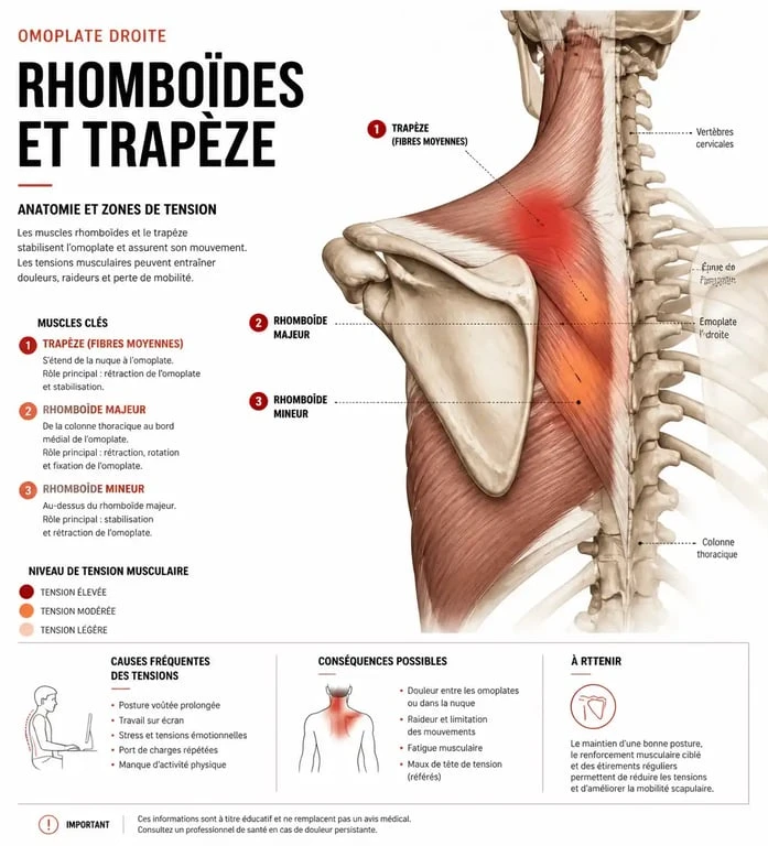 Schéma anatomique des muscles impliqués dans la douleur omoplate droite