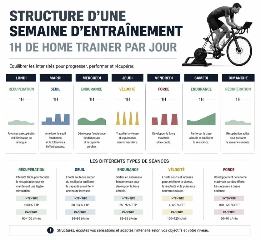 Infographie hebdomadaire pour 1h de home trainer par jour