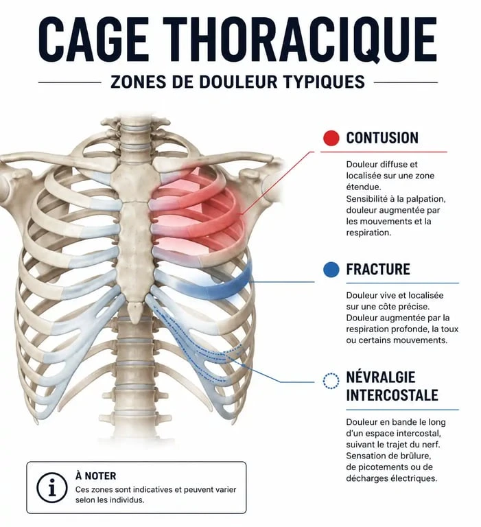 Schéma anatomique des douleurs aux côtes après une chute : fracture, fêlure et contusion