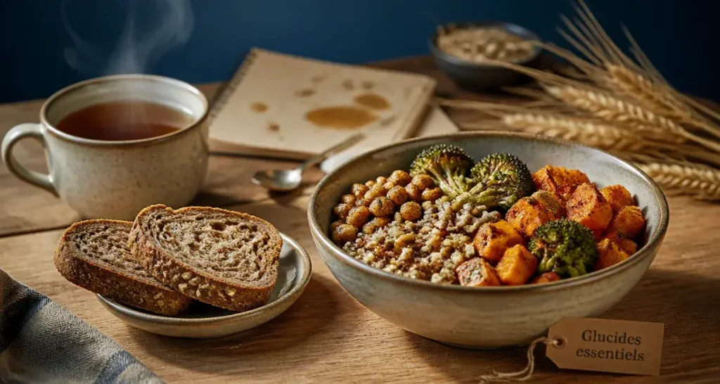 Les glucides font grossir : quinoa, légumes rôtis et pain complet