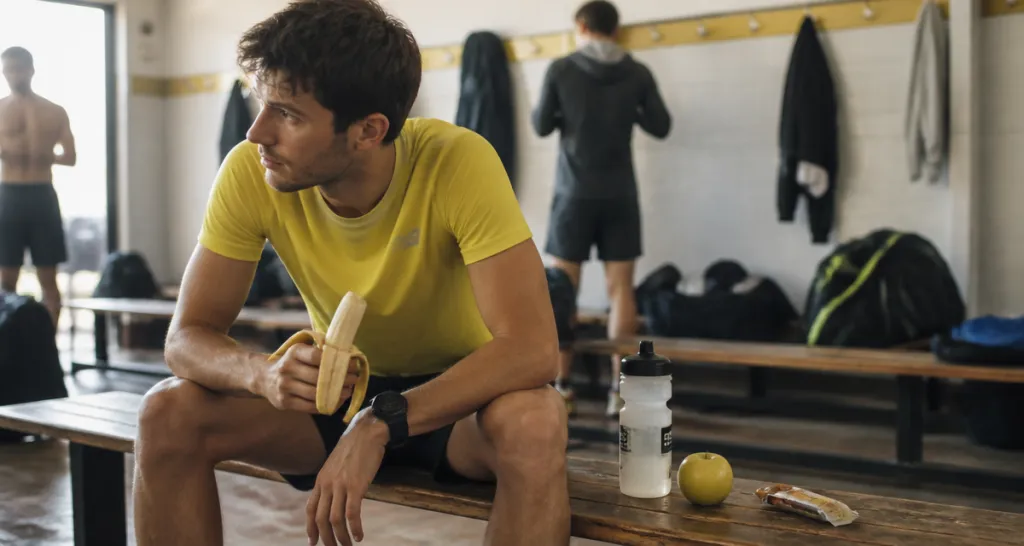 Manger une banane avant le sport, coureur assis avec banane