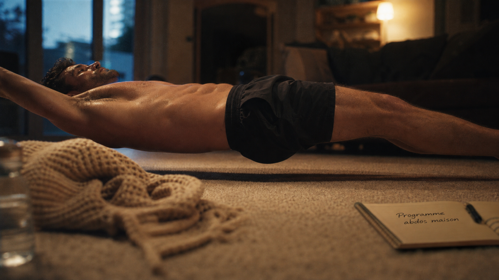 Programme abdos homme maison : homme en hollow body sur tapis