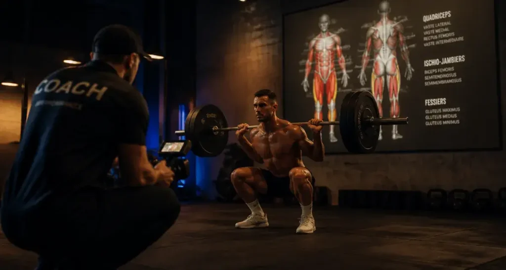 Quel muscle travaille les squat : quadriceps et fessiers, schéma anatomique.