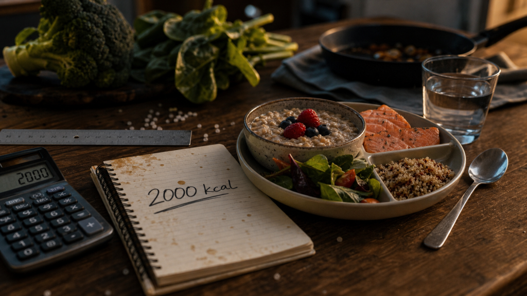 Menu régime 2000 calories par jour : répartition repas sur table