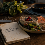 Menu régime 2000 calories par jour : répartition repas sur table