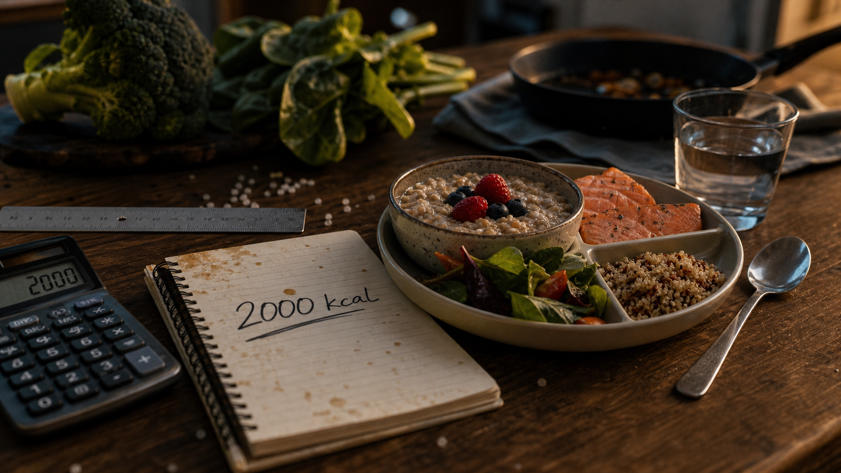 Menu régime 2000 calories par jour : répartition repas sur table