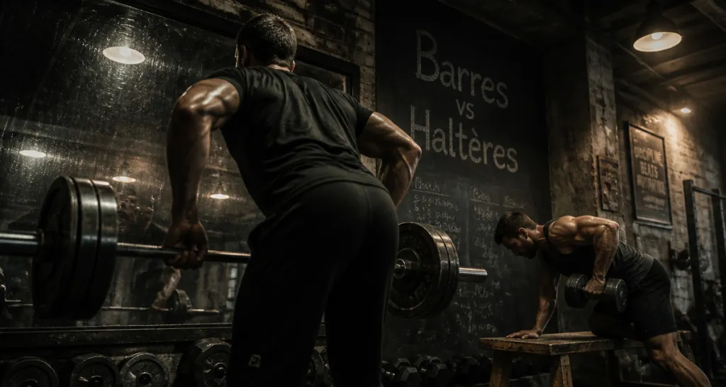 Rowing barre ou halteres en salle de musculation