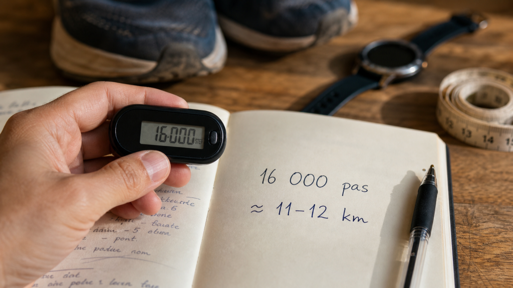 16 000 pas en km : 10,7 à 12,2 km selon la foulée