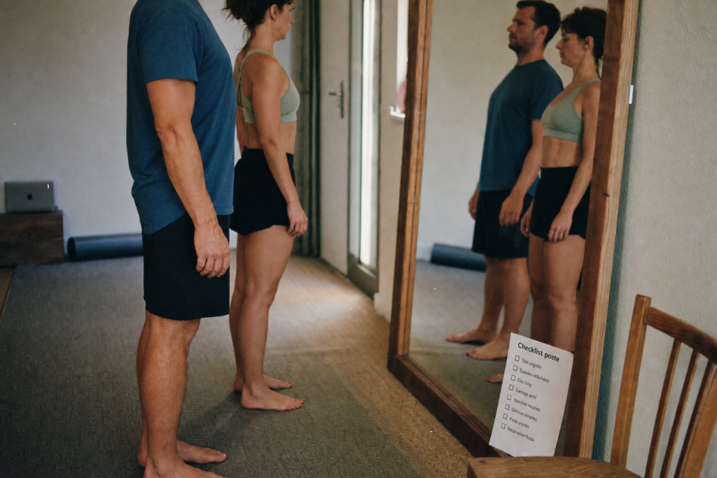 Améliorer sa posture au quotidien : gainage devant un miroir