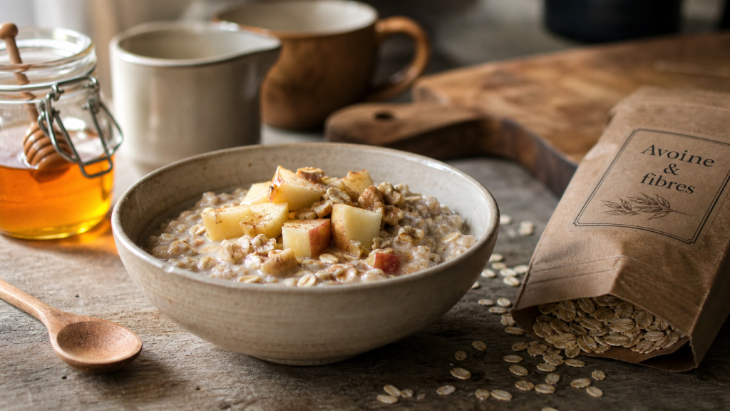 Bienfaits de l avoine : bol de porridge avoine pomme-cannelle, fibres et bêta-glucane