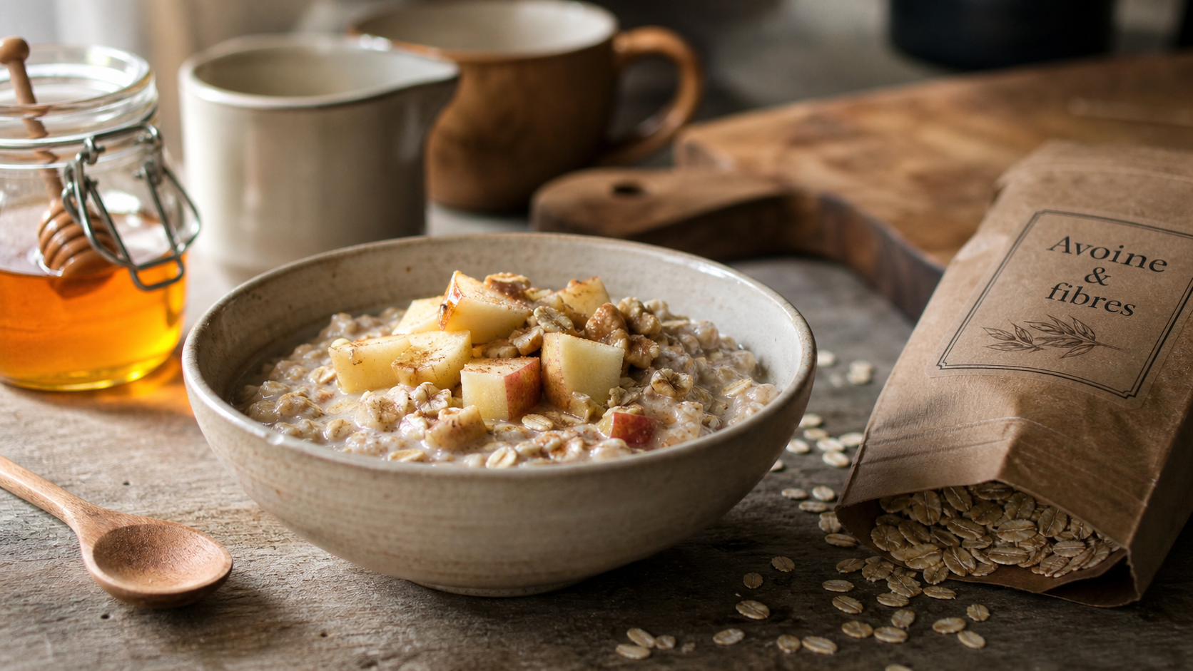 Bienfaits de l avoine : bol de porridge avoine pomme-cannelle, fibres et bêta-glucane