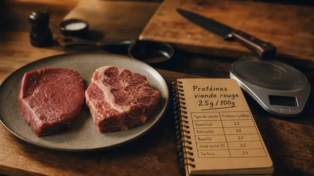 100 g de viande rouge apportent 20 à 32 g de protéines, selon le morceau et la cuisson