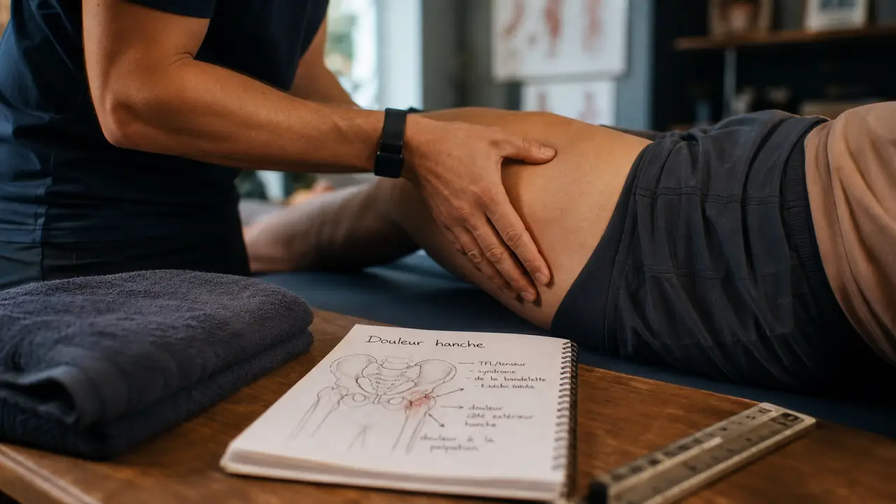 Douleur a la hanche : main palpe le côté de la cuisse