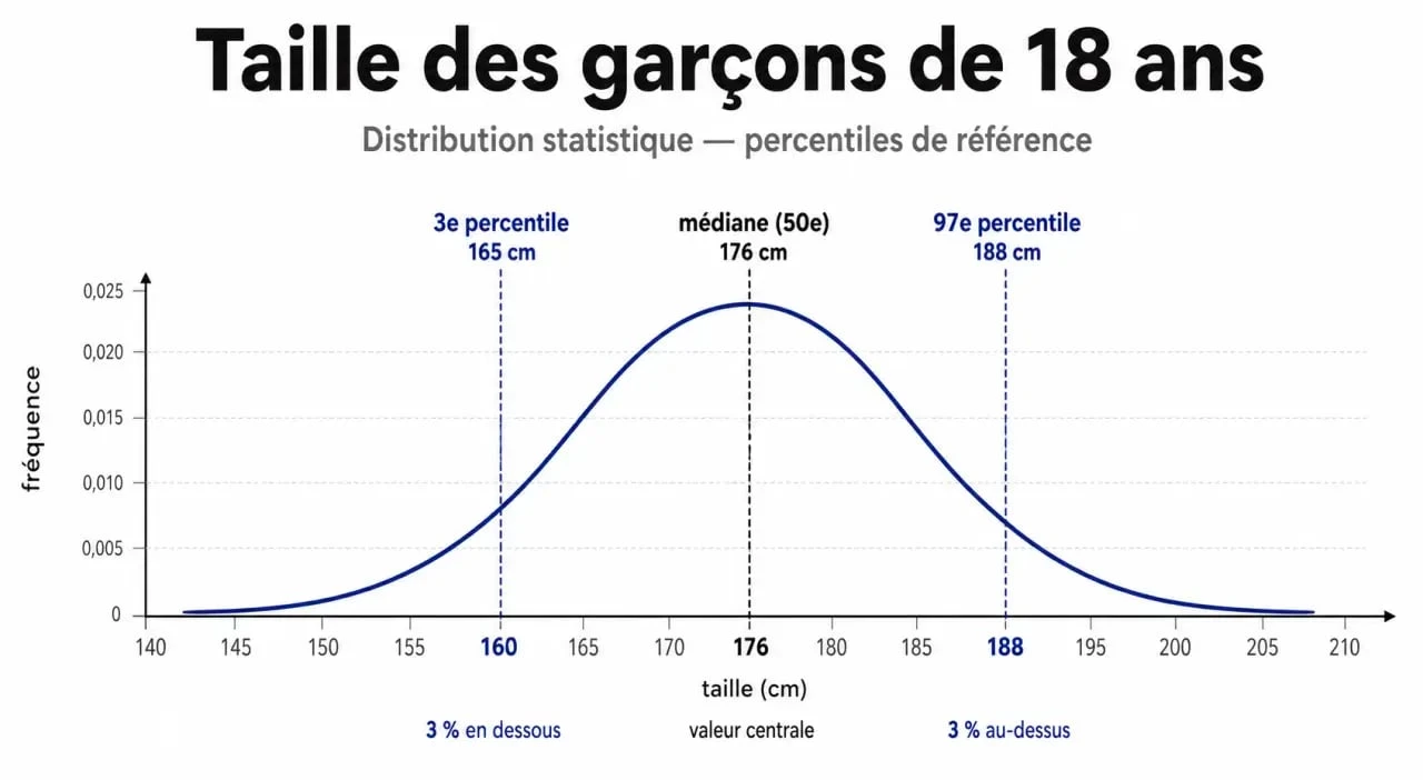 Infographie de la taille moyenne d'un garçon de 18 ans et répartition des percentiles de croissance