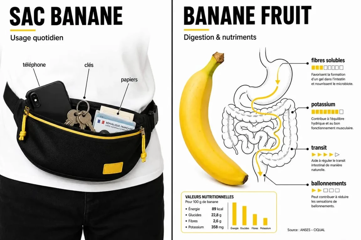 Banane ventre : sac banane porté sur le ventre et explication visuelle des effets de la banane sur le ventre gonflé