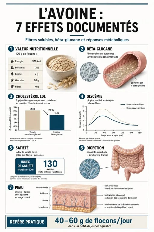 Infographie des bienfaits de l’avoine avec ses effets sur le cholestérol, la glycémie, la satiété et la digestion