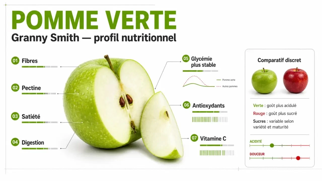 Pomme verte bienfait : infographie sur les fibres, la pectine, la satiété et la glycémie