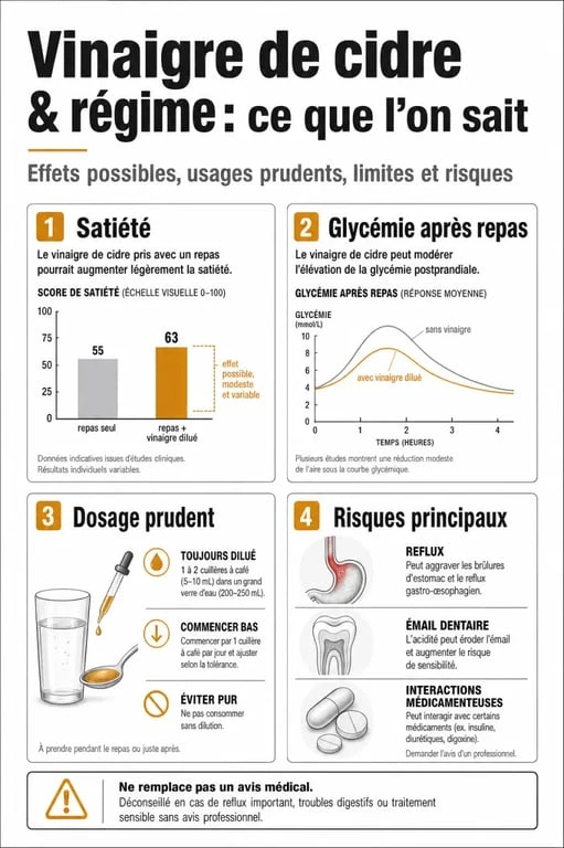 Infographie sur régime et vinaigre de cidre : effets réels, dosage et risques