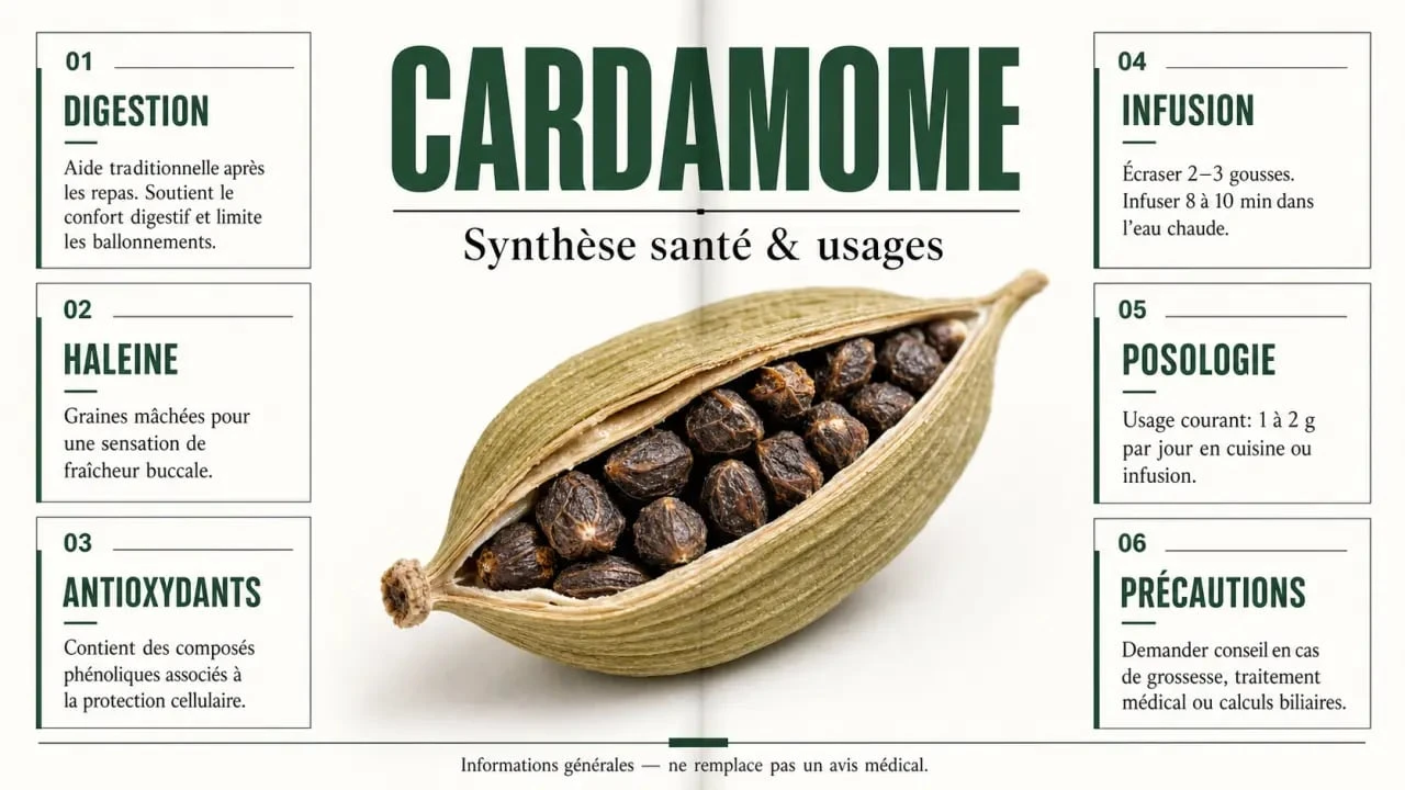 Cardamome bienfait : infographie santé sur la digestion, l’haleine et les précautions d’emploi