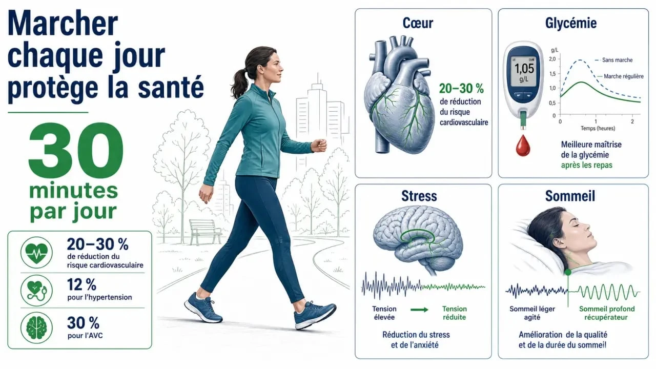 Les bienfaits de marcher 30 minutes par jour : visuel de santé avec chiffres clés sur le cœur, la glycémie, le stress et le sommeil