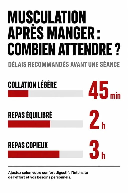 Infographie des délais recommandés pour faire de la musculation après manger selon le type de repas