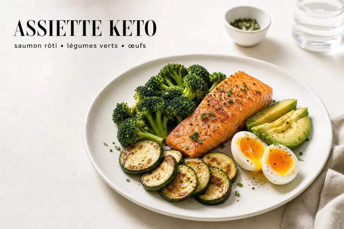 Recette keto de saumon, brocoli et avocat dans une assiette dressée