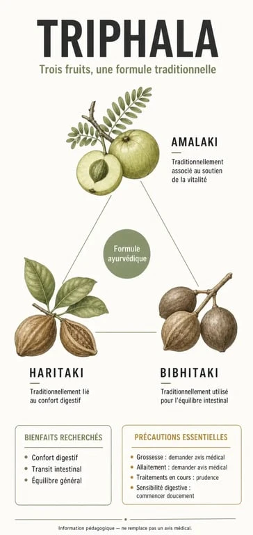 Infographie sur les triphala bienfaits : composition en trois fruits, usages digestifs et précautions