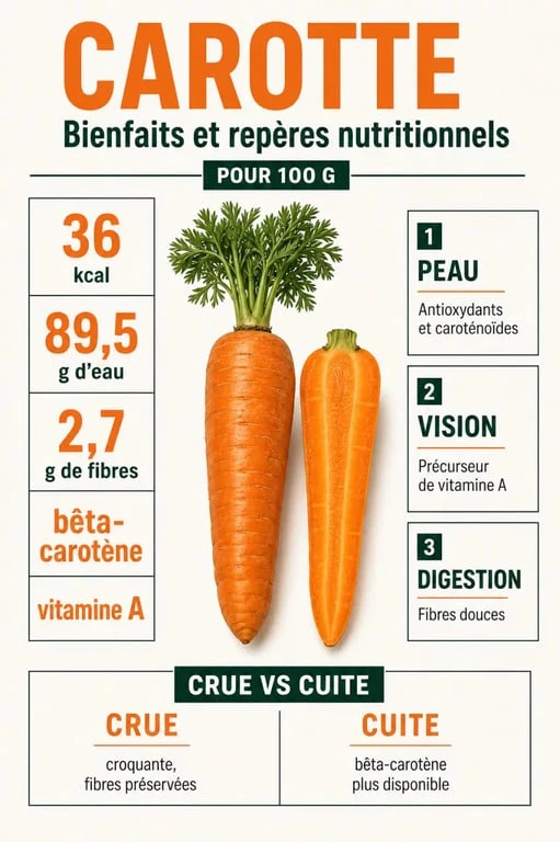 Les bienfaits de la carotte : infographie santé sur le bêta-carotène, les fibres et la vitamine A