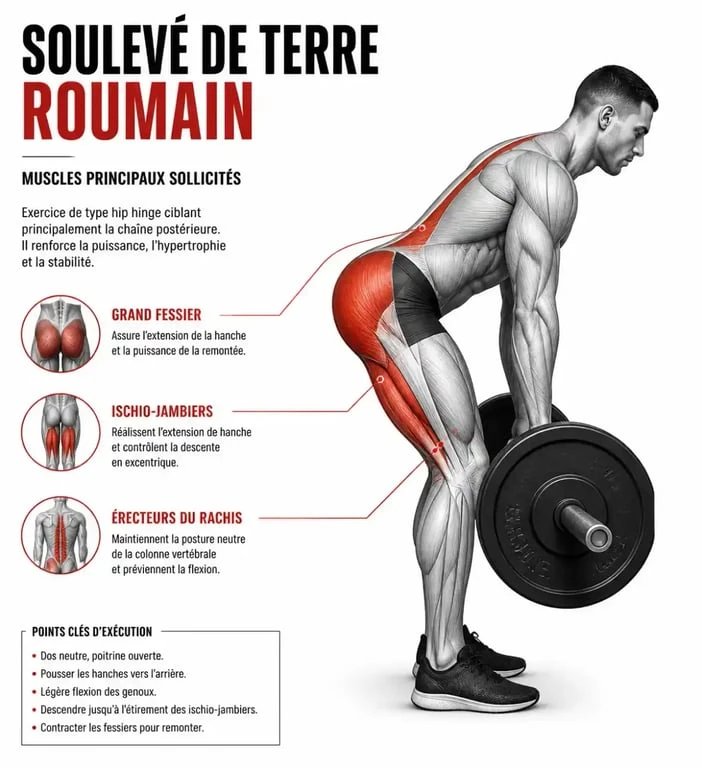 Schéma anatomique des muscles sollicités lors du soulevé de terre roumain