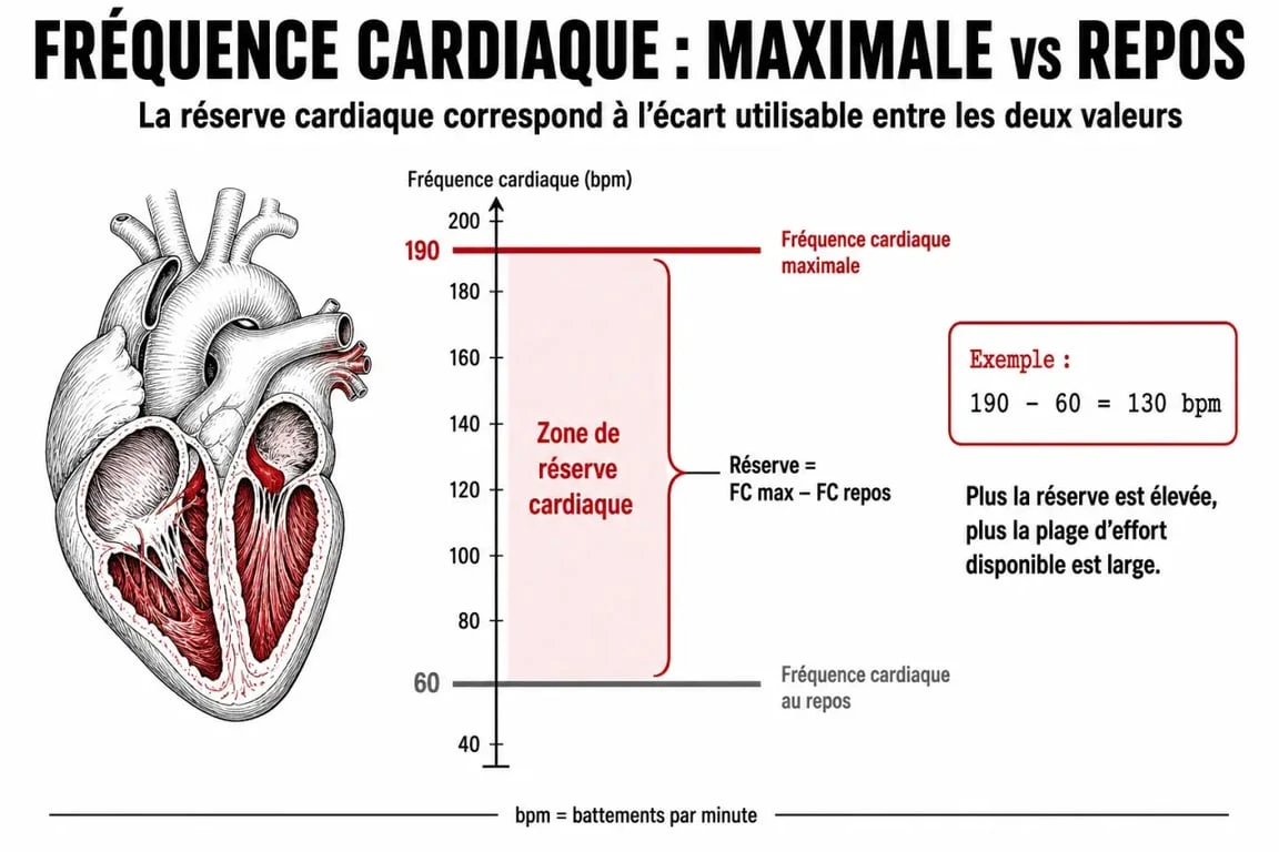 Schéma explicatif de la fréquence cardiaque de réserve et de la méthode de calcul de Karvonen pour le sport